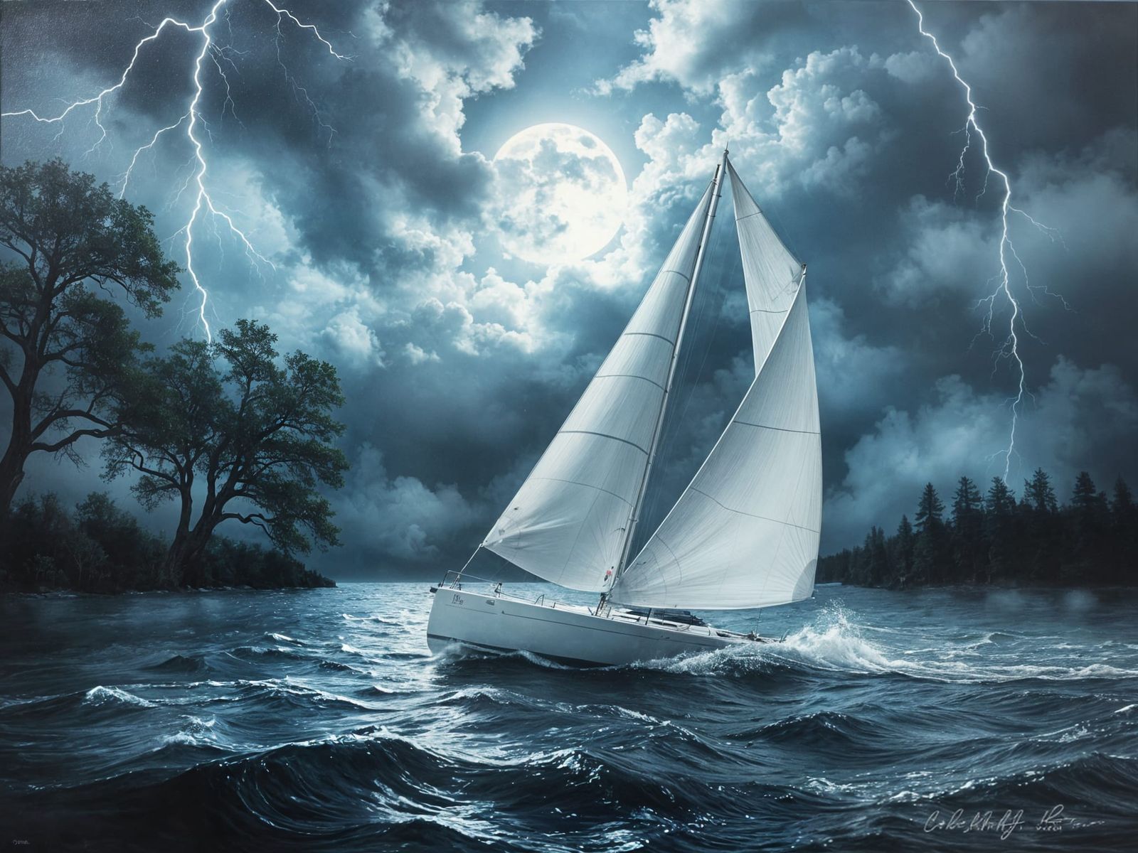 Sailboat Glides on Stormy Lake: Impasto Painting