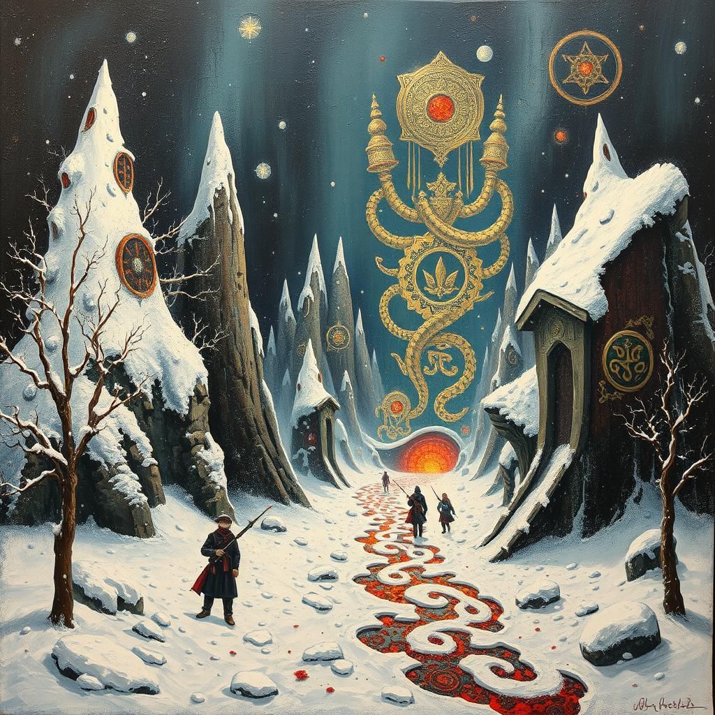 Mystical Snow Realm in Heavy Metal Art Deco Style