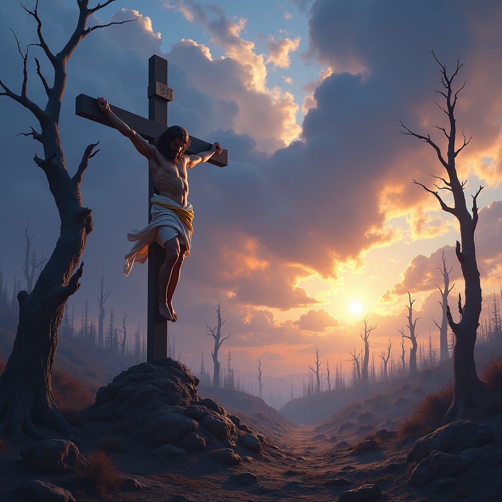 Jesus Christ on Cross in Apocalyptic Landscape