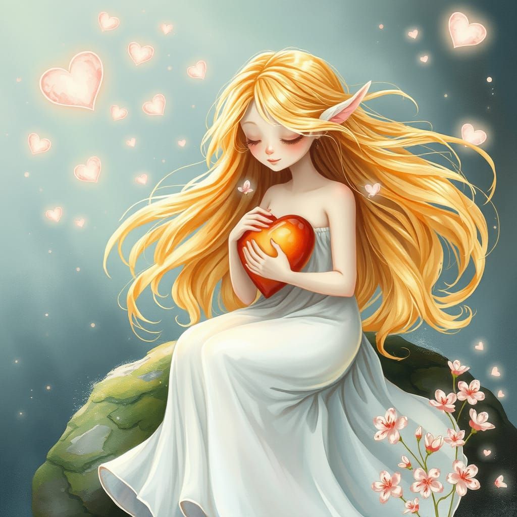 Enchanting Nymph with Luminous Heart in Watercolor Style