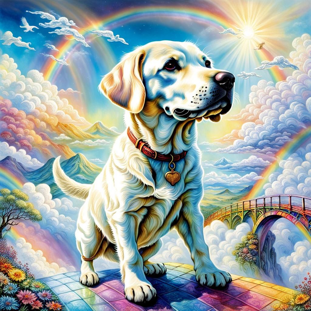 cute white Labrador dog, crossing a rainbow bridge