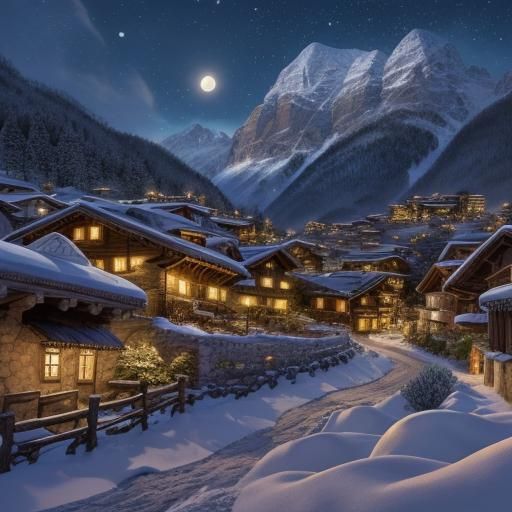 Moonlit Fantasy Village in the Italian Alps