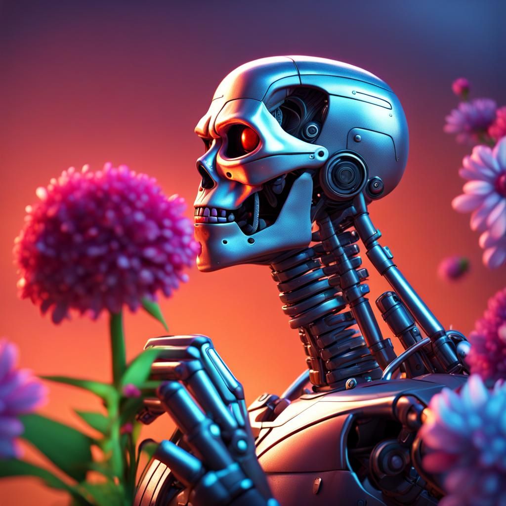 Terminator Smelling Flowers: 3D Digital Art
