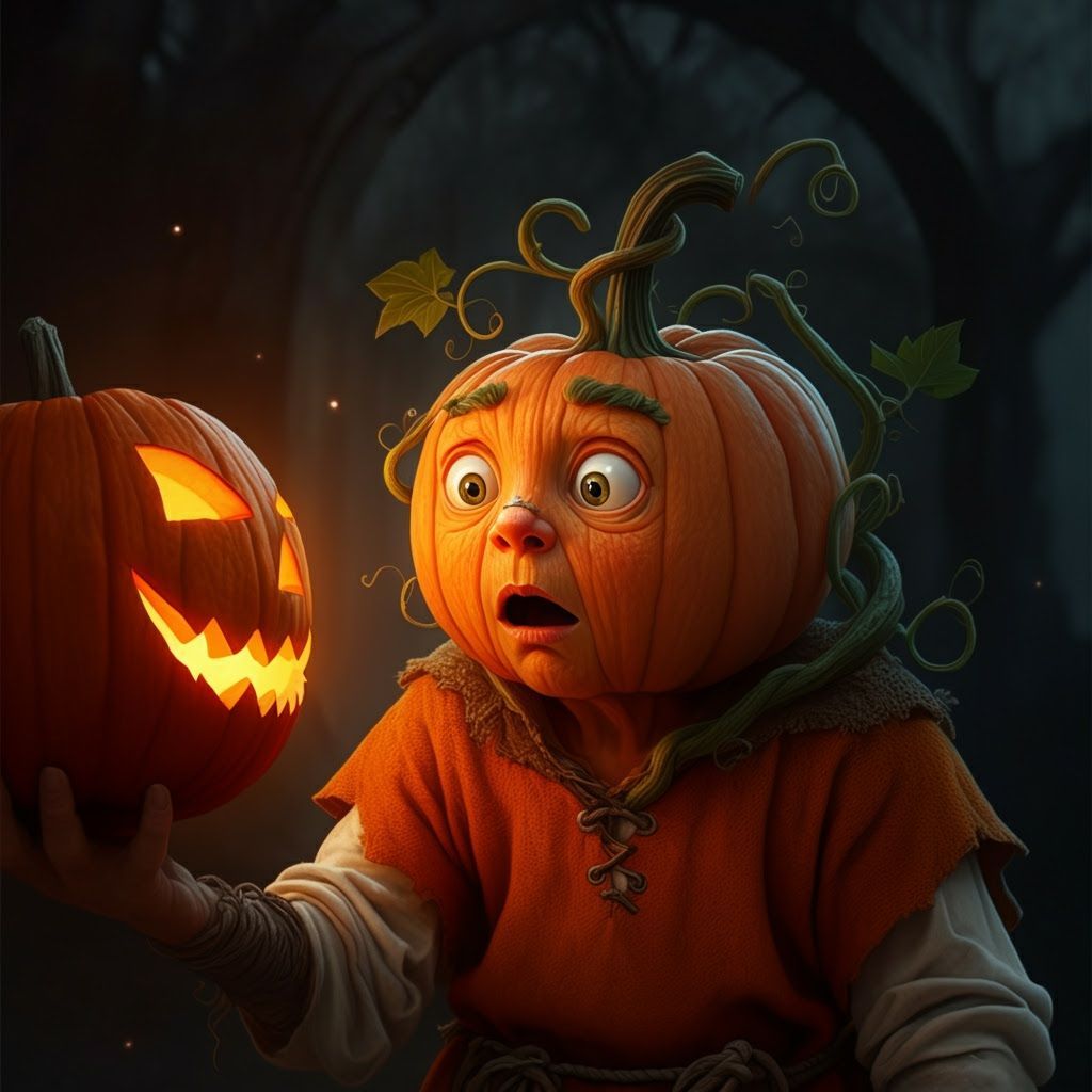 Shocked Pumpkin Person Gazing at Jack-o'-Lantern