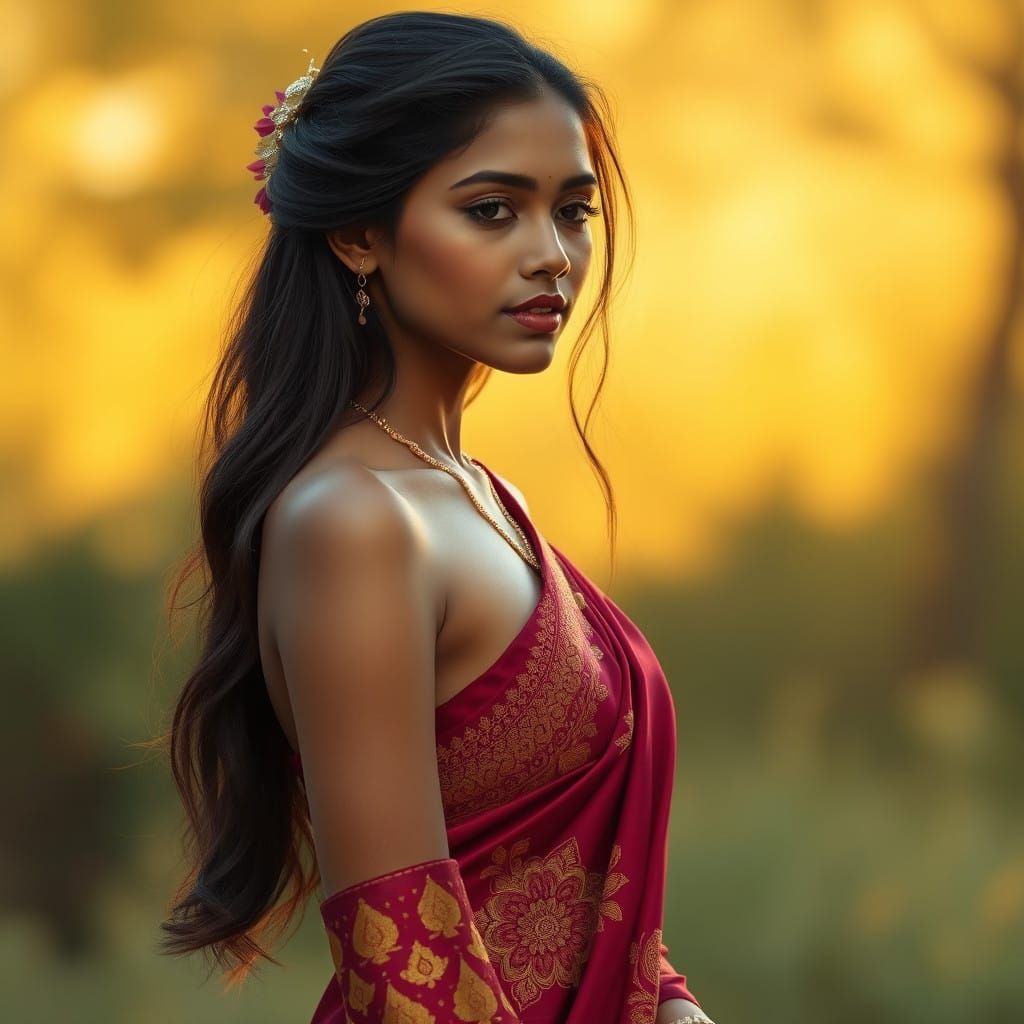Elegant Sri Lankan Woman in Burgundy Traditional Gown