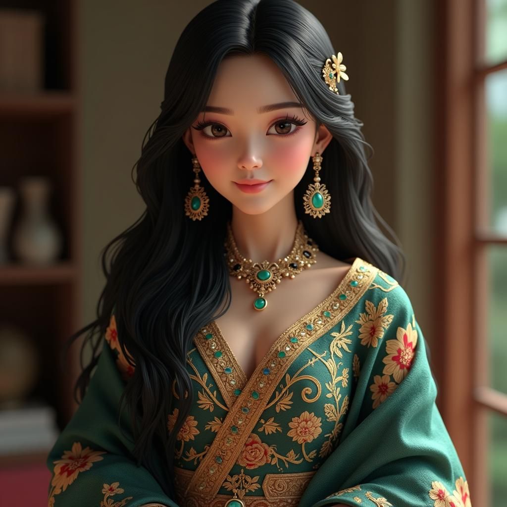 Elegant Indonesian Woman in Embroidered Kebaya, 8K