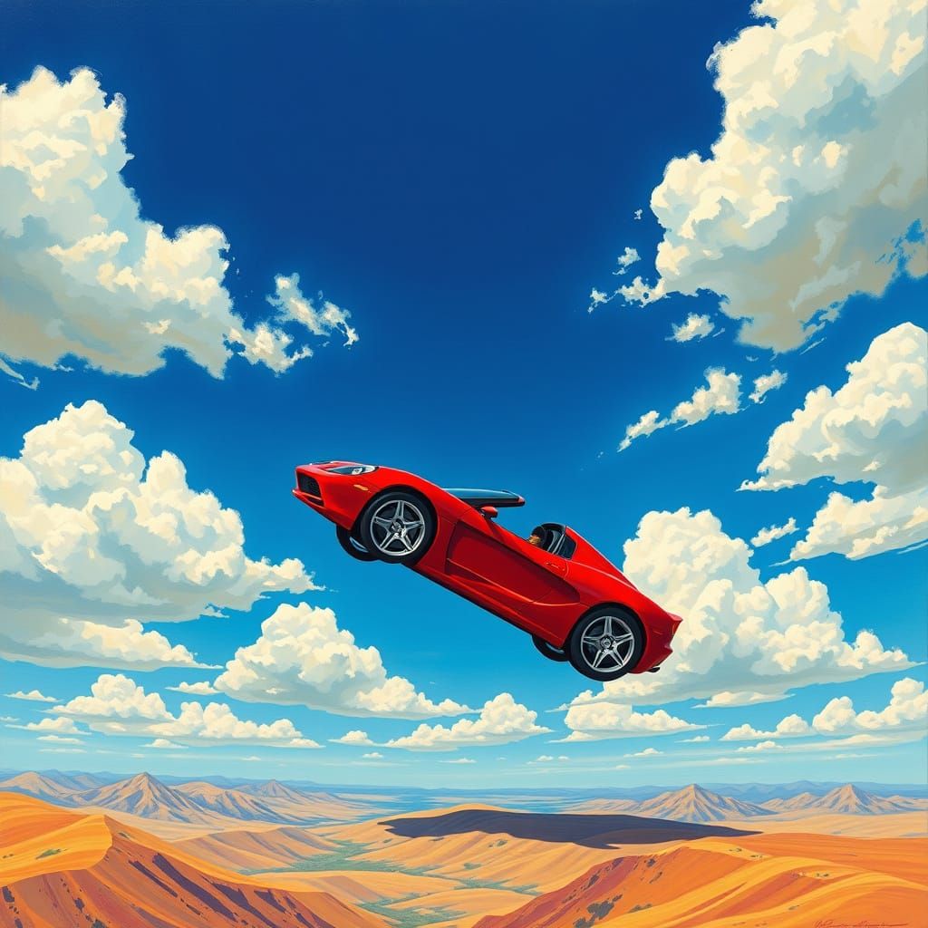 Surrealist Sports Car Soars in Vibrant Dreamlike Landscape