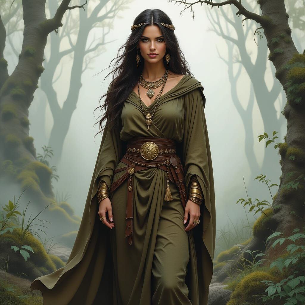Ancient Celtic Woman in Misty Forest, Earthy Tones