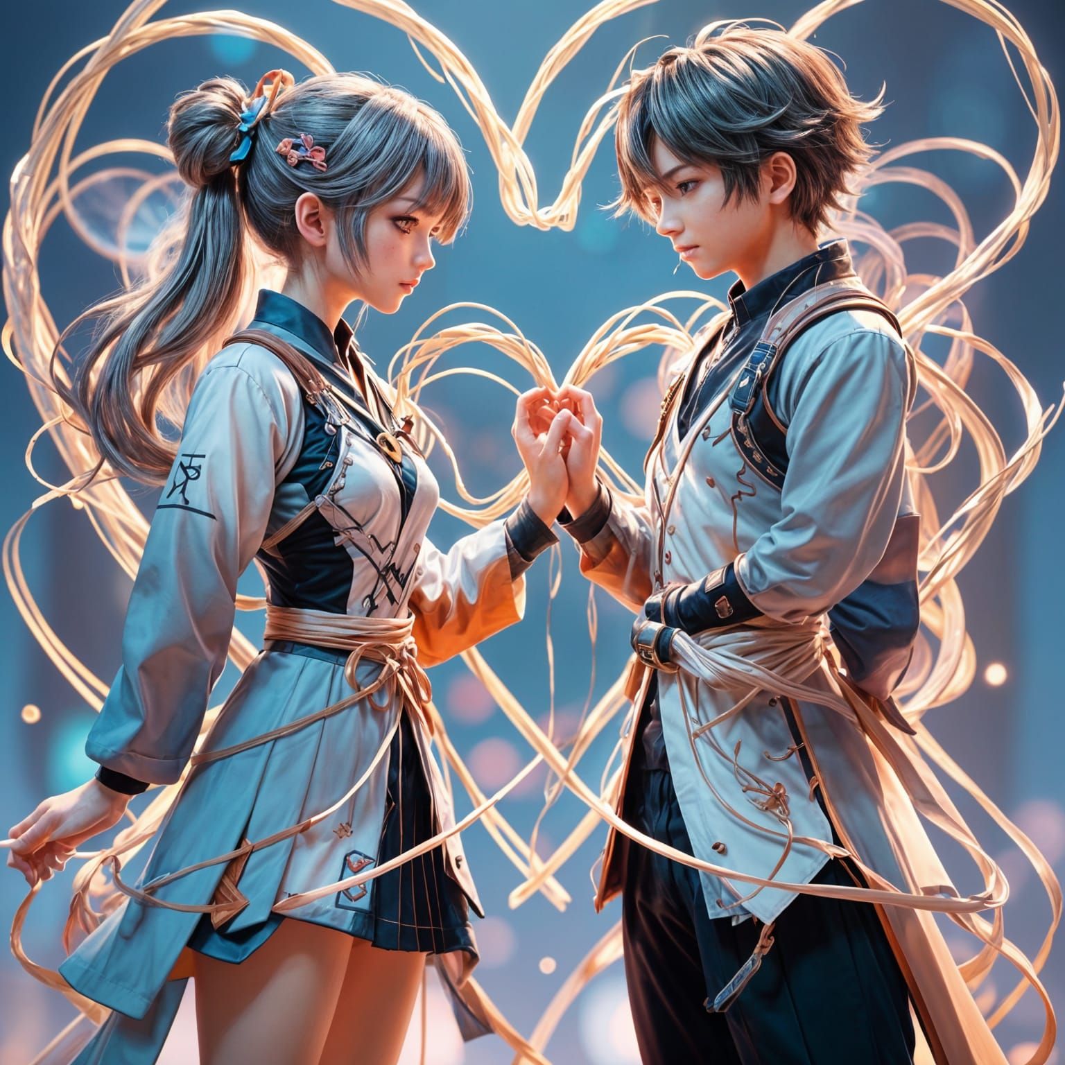 Heart and Figures Created from Strings: 3D Anime Art