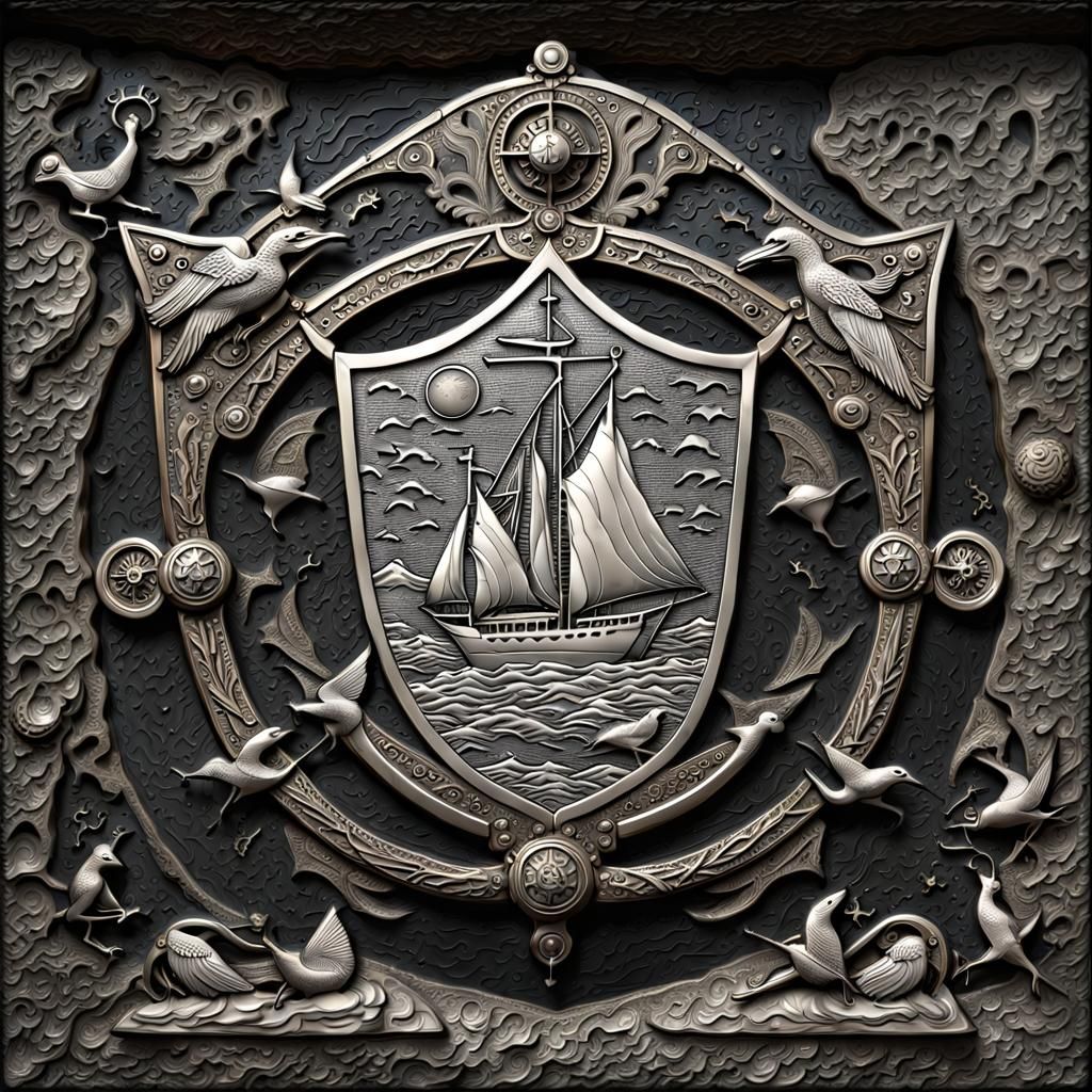 Ornate Silver Shield with Heraldic Symbols