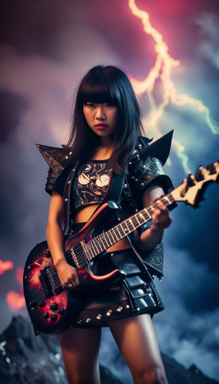 Asian Guitarist in a Volcanic Landscape