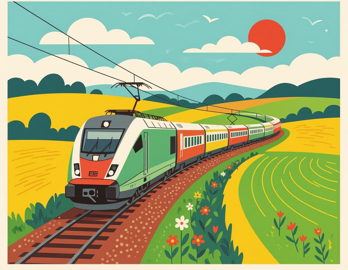 Modern Train Through Countryside: Minimalist Hand-Drawn Illu...