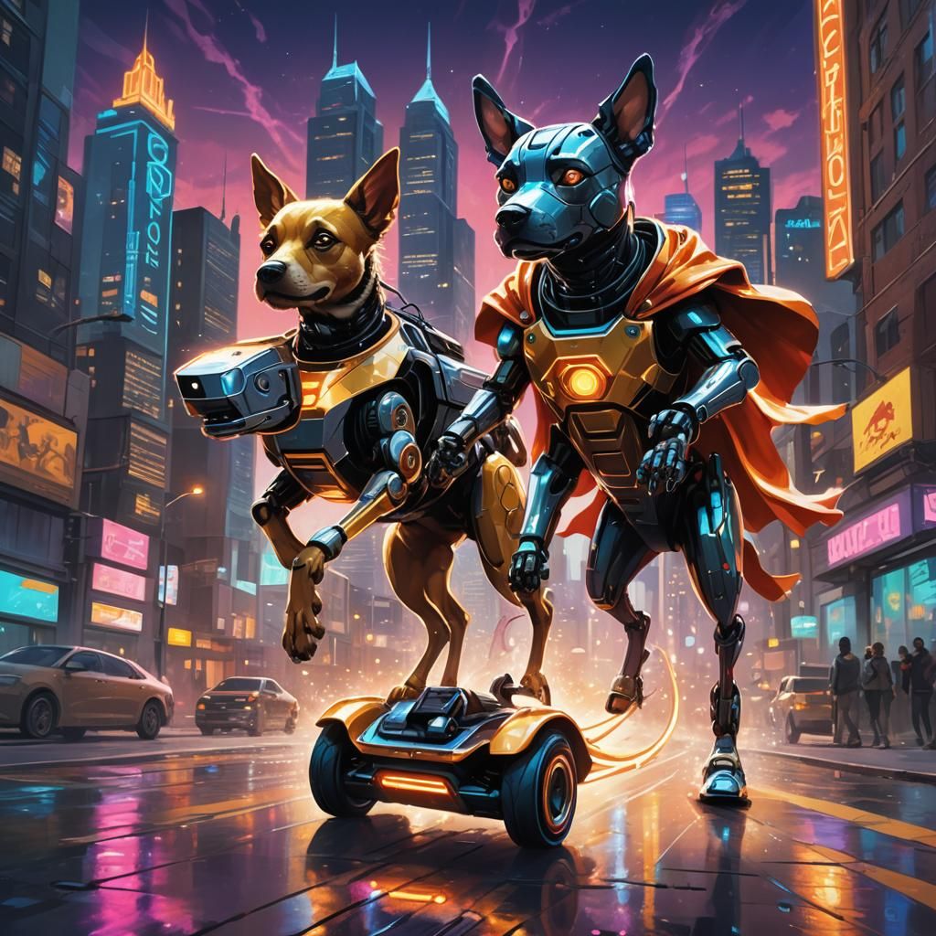 Robot Dog and Child in Futuristic Cityscape