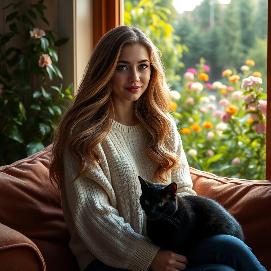 Kind Woman with Cat in Cozy Home, Hyperdetailed Art
