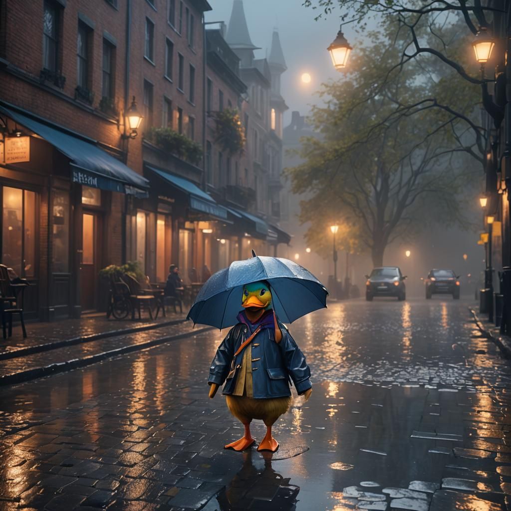 Duck in Raincoat: Hyperrealistic Matte Painting
