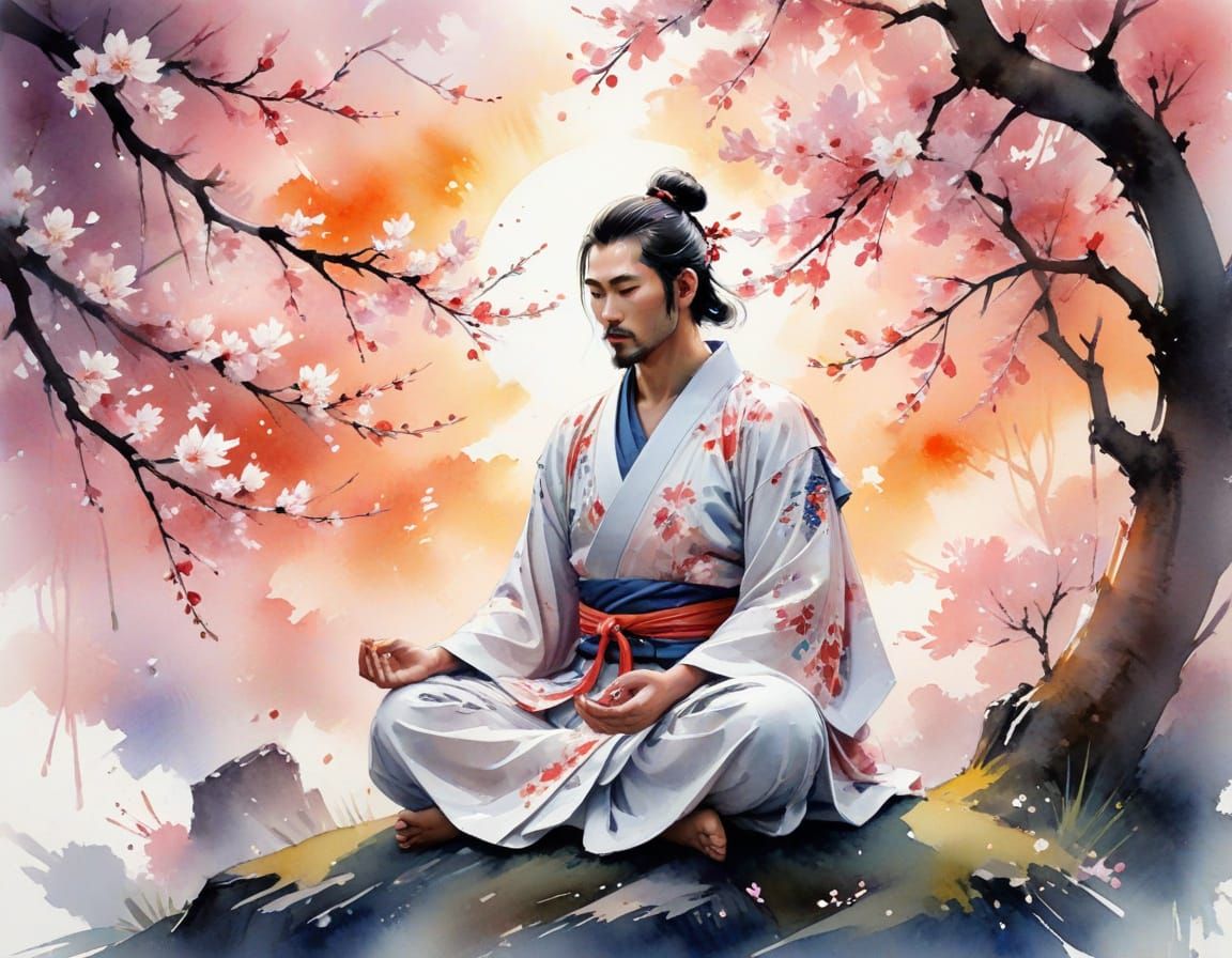 Meditating Samurai in Whimsical Fairy Tale Scene
