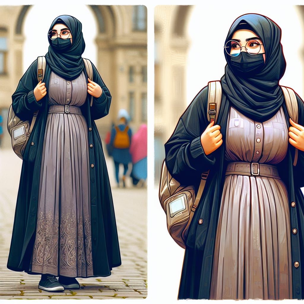 Modest Muslim Student in Urban Gouache Painting