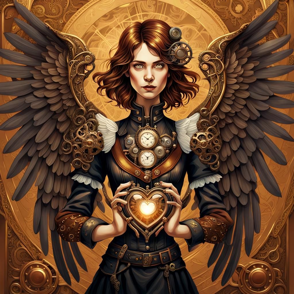 Steampunk Angel Holding Mechanical Heart