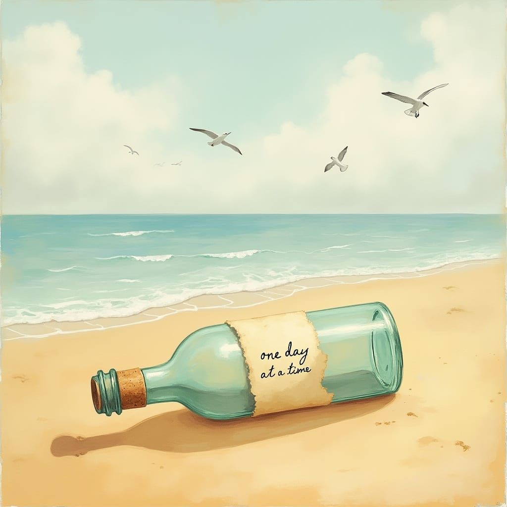 Serene Beach Scene with Weathered Bottle and Message