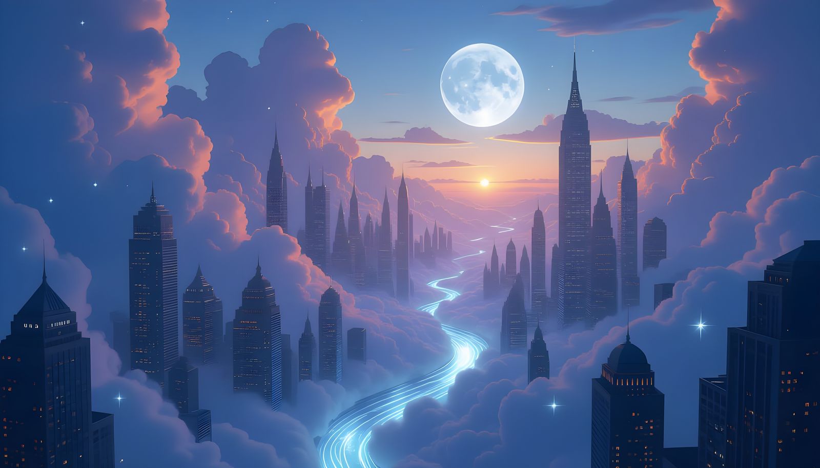 Dreamlike Cloud Cityscape with Starlight and Moonlight River...