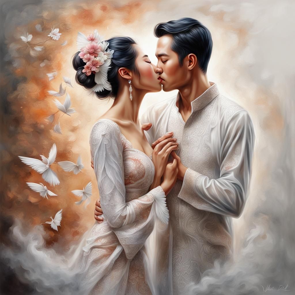 Passionate Kissing Couple in Soap Foam, Oil Painting
