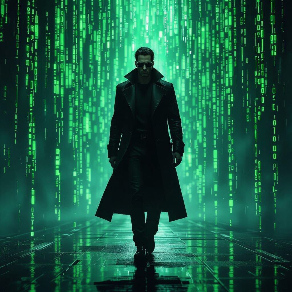 Cyberpunk Figure in Digital Rain