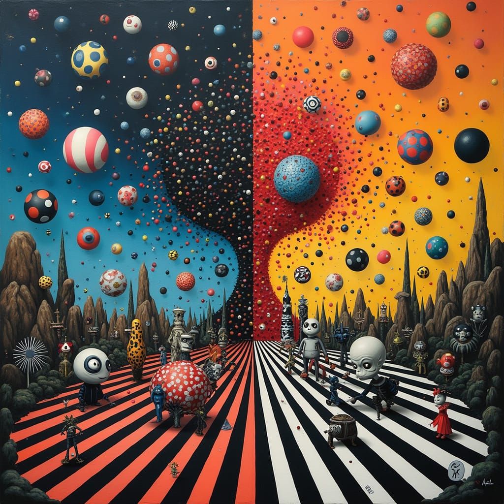 Surreal Gothic Dreamscape in Vibrant Dots and Stripes