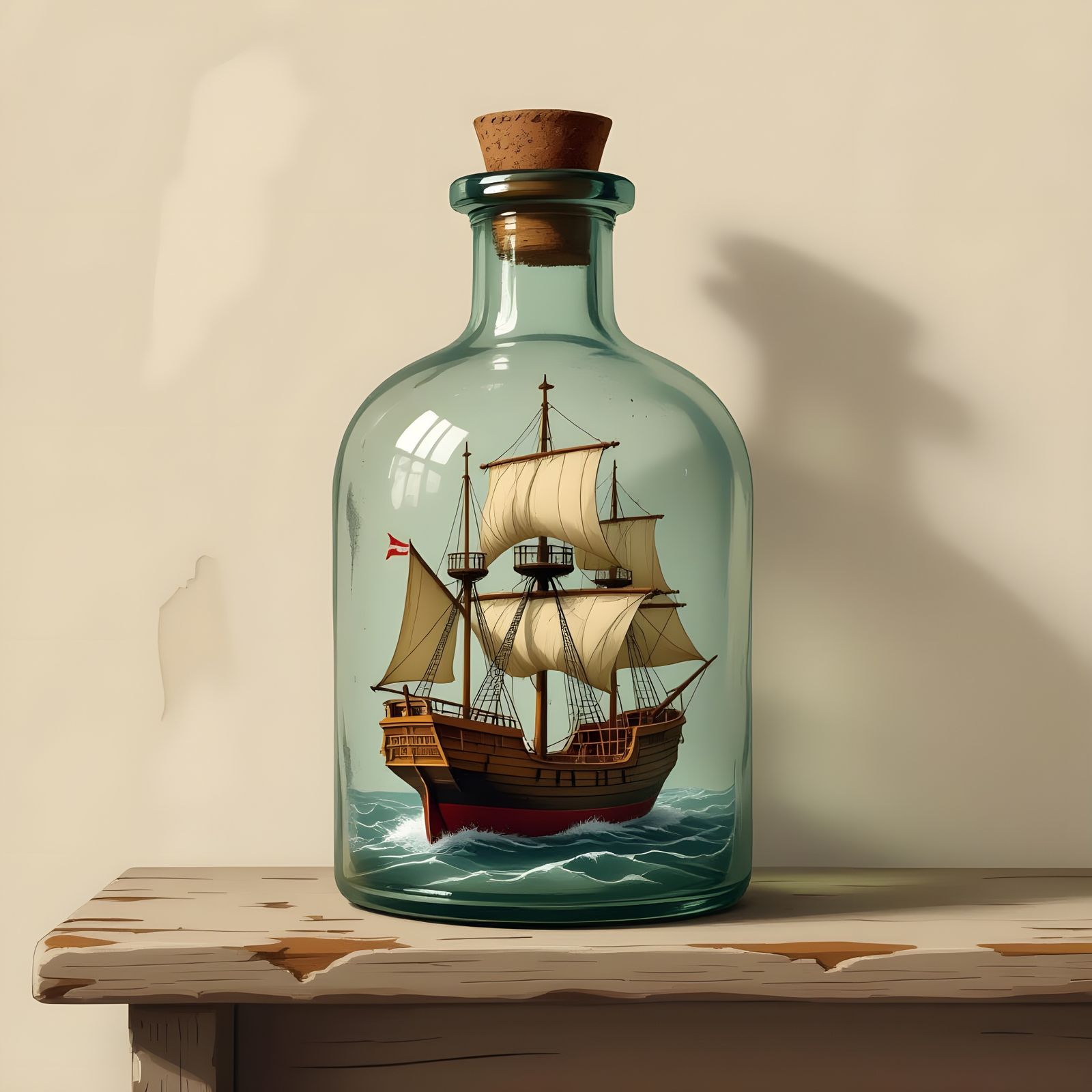 Hyper-Realistic Ship in a Bottle on Shelf