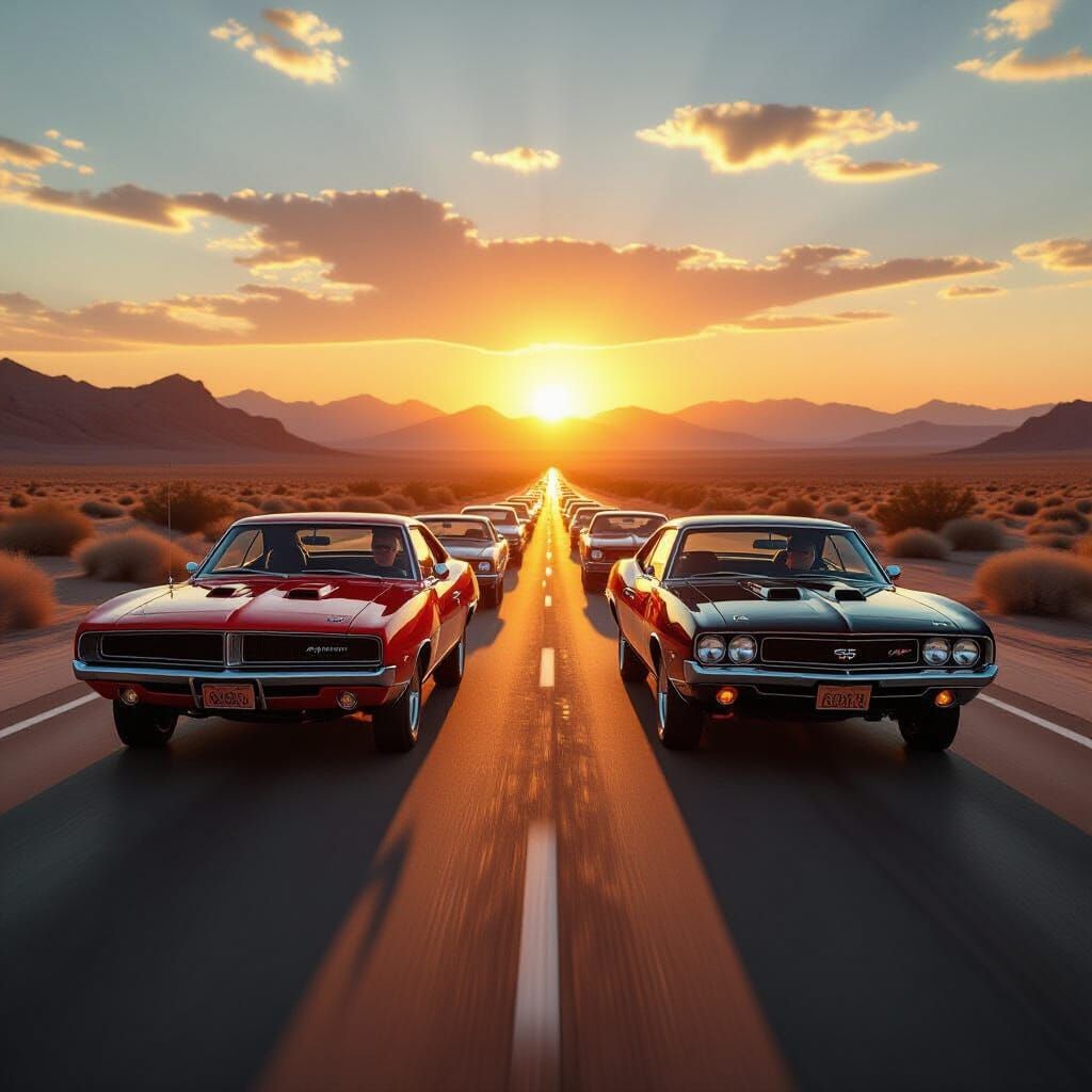 1970s Muscle Cars Cruise Desert Highway at Sunset