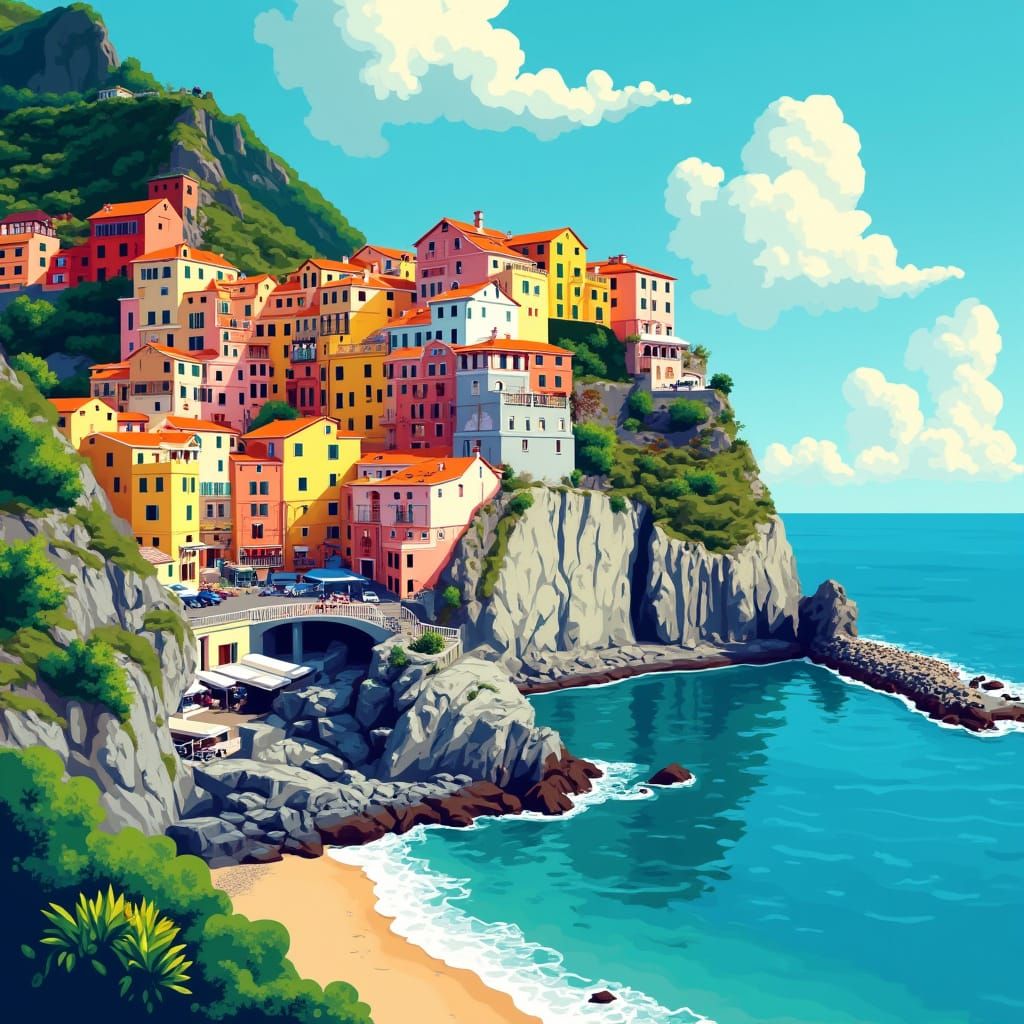 Vibrant Summer Amalfi Coast Village in 1950s Screen Print St...