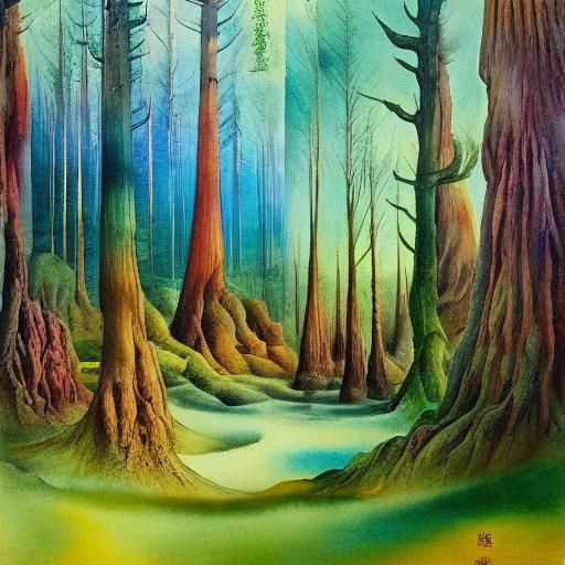 Surreal Sequoia Forest in Watercolor, Ink and Pastel
