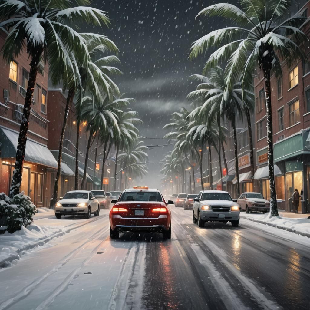 Snowy Alaskan Street with Palm Trees in Splash Art