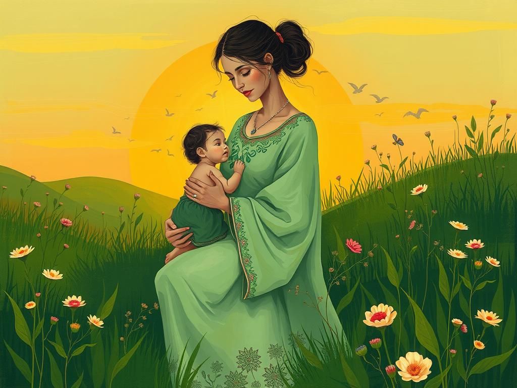 Mother and Child in Green, Art Brut Illustration