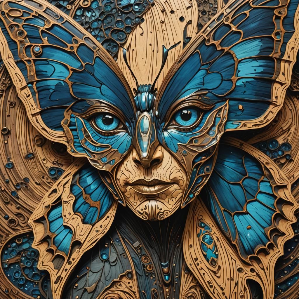Morpho Butterfly: Hyperrealistic Woodcut Close-Up