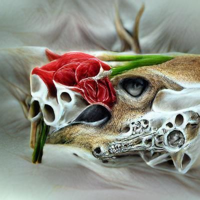 Deer Skull with Roses: Hyperdetailed Charcoal Drawing
