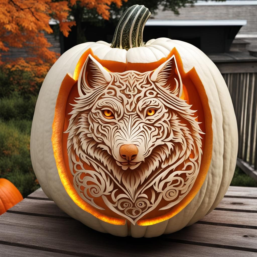 Intricate Wolf Pumpkin Carving