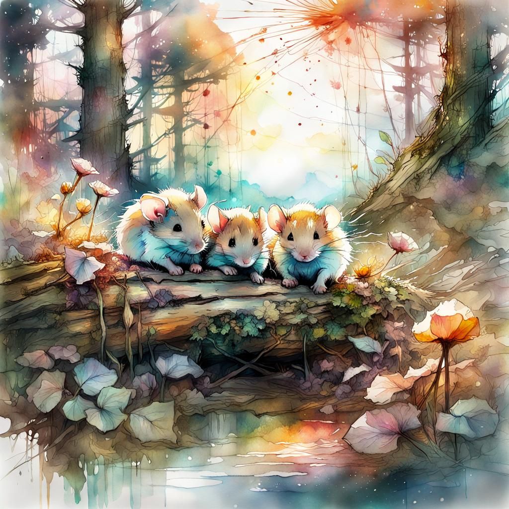 Chibi Mice Sleeping in Forest Watercolor Art