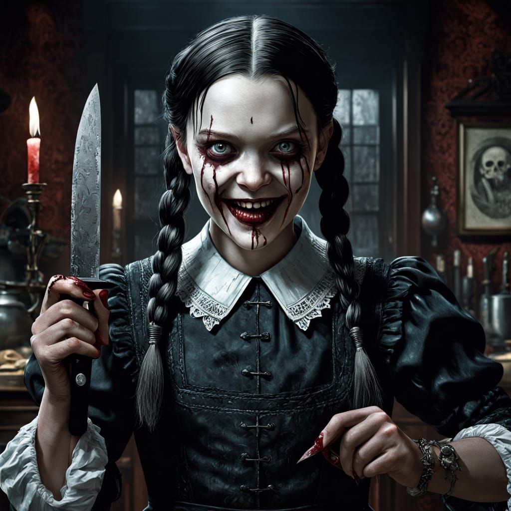 Wednesday Addams with Knife in Hyperrealistic Horror Art