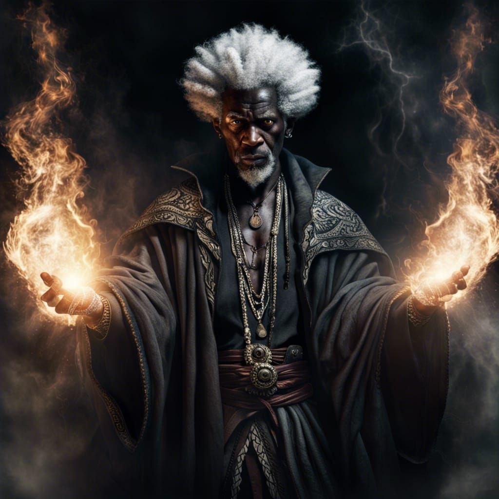 Hyperrealistic Sorcerer with Fiery Eyes and White Afro