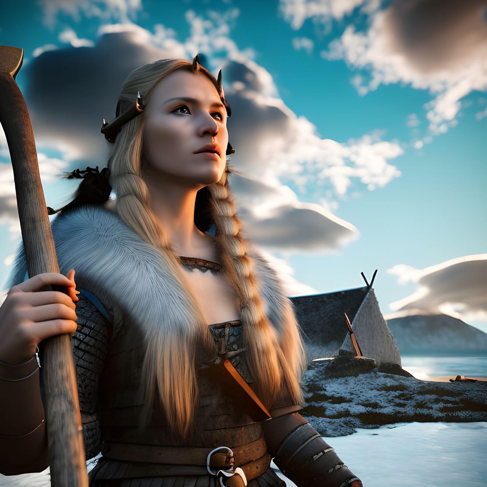 Viking Woman with Axe in Nordic Village: 3D Render
