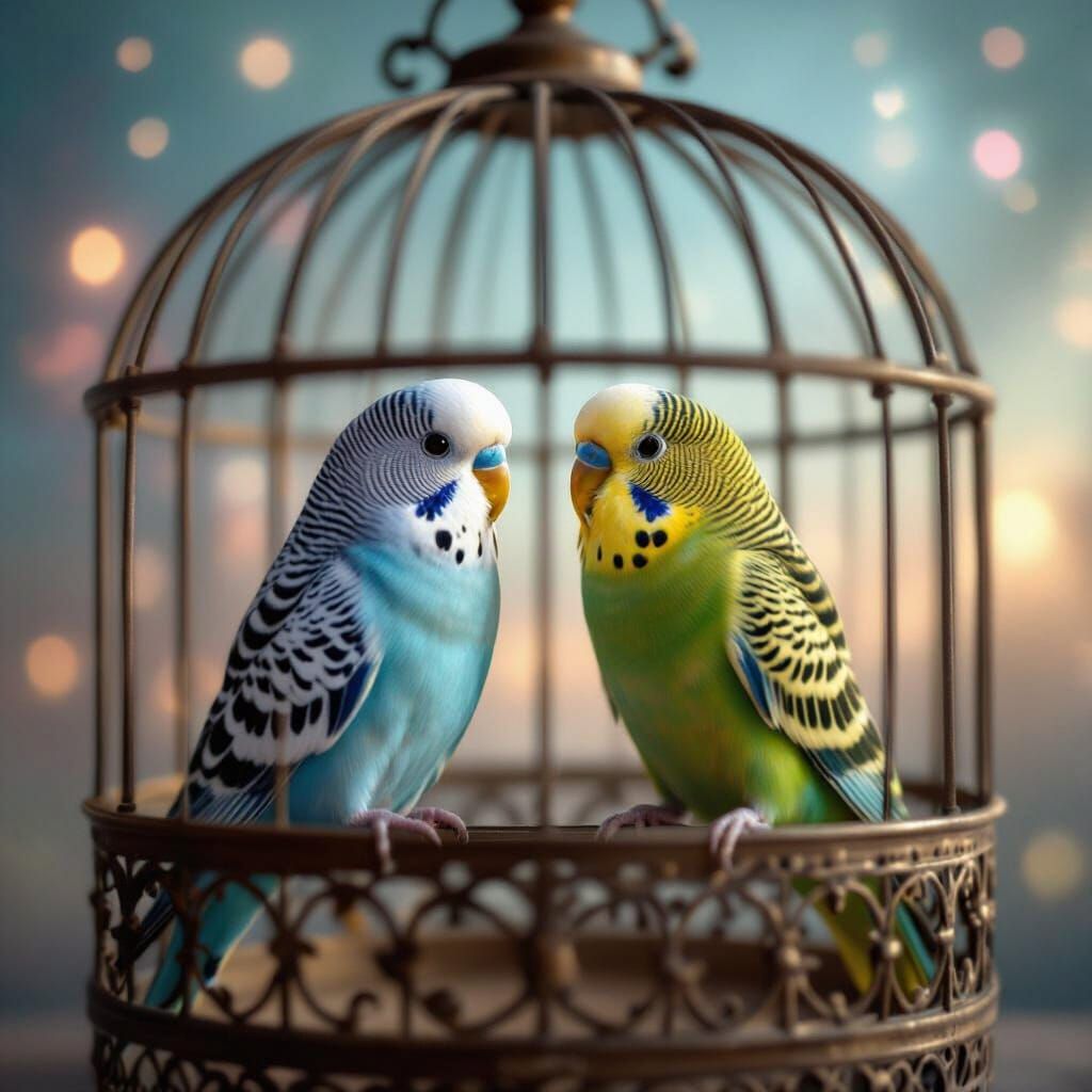 Two Budgies in Ornate Cage Under Cosmic Sky