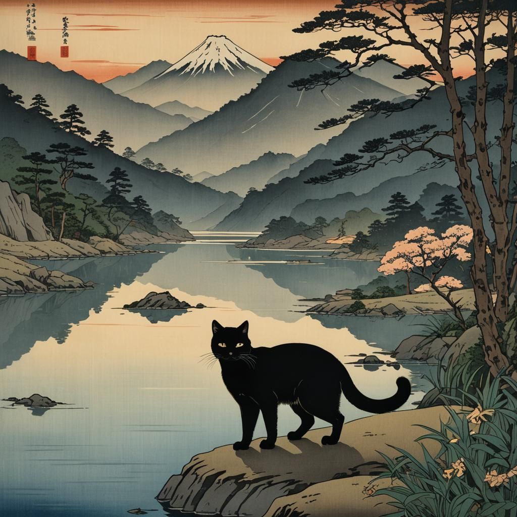 Black Cat at Lake Sunset in Ukiyo-e Style