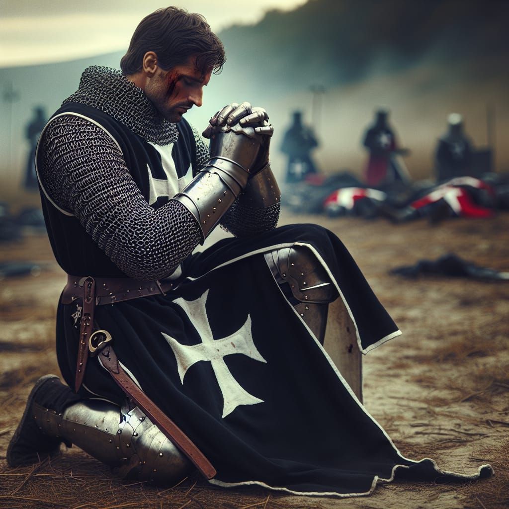 Medieval Knight Templar in Prayer After Battle