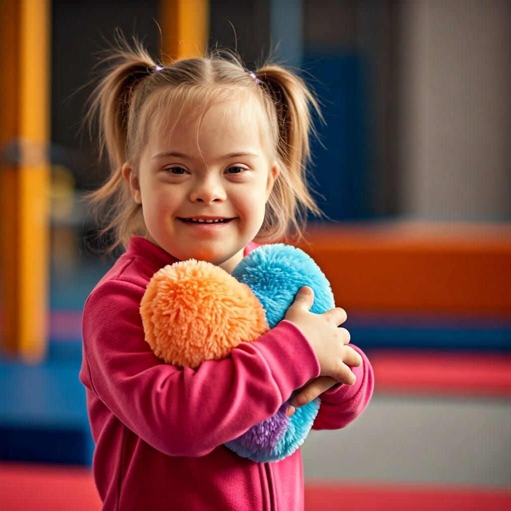 Joyful Down Syndrome Child Hugs Heart Pillow in Vibrant Play...