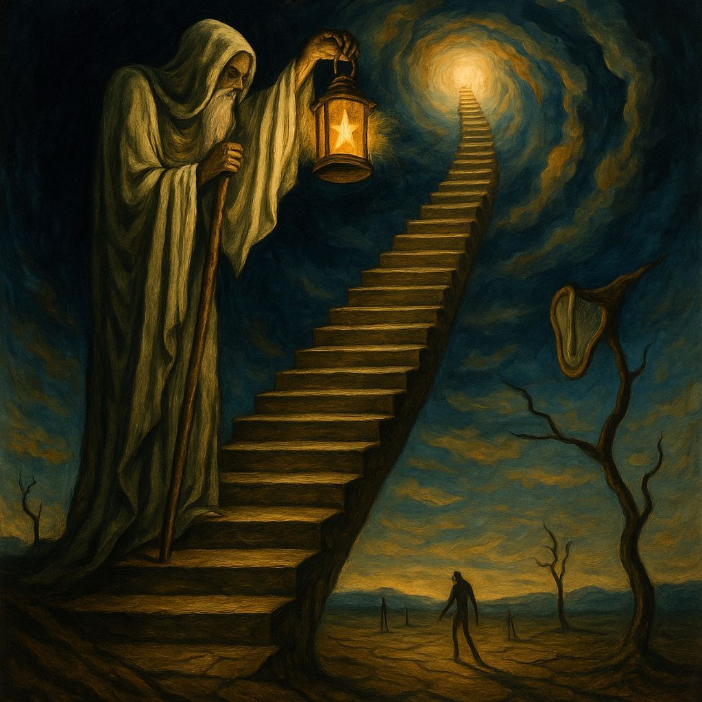 You are Salvador Dali. Picture the song Stairway to heaven by Led Zeppelin. Creat an image that fits with the song