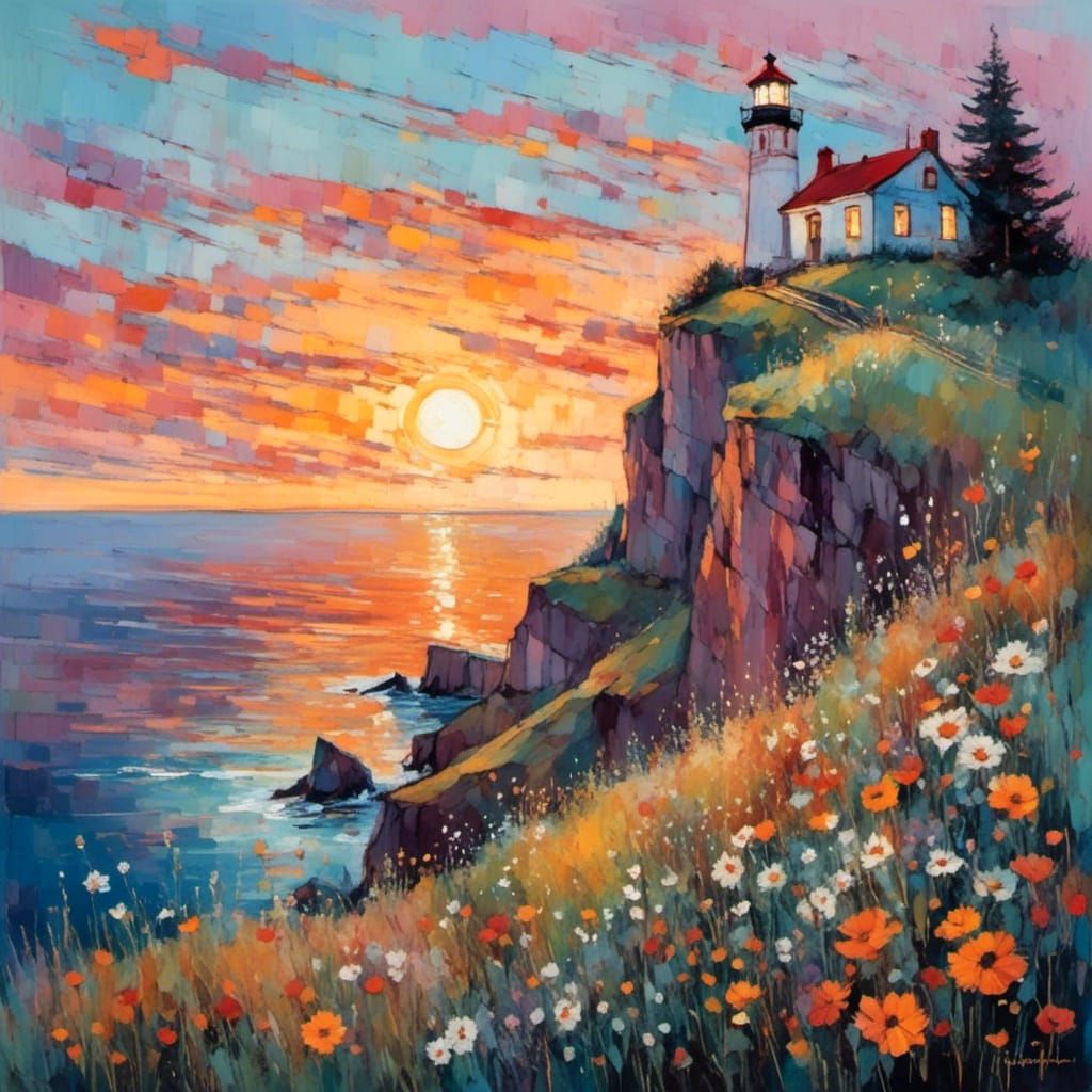 Lighthouse on Flowering Cliff at Sunset: Impasto Style