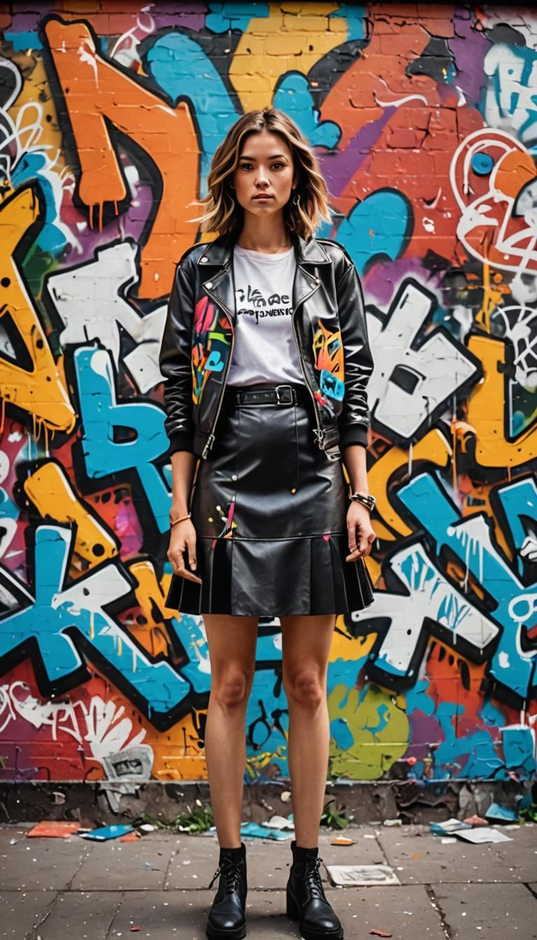Woman wearing a skirt graffiti art, splash art, street art, spray paint, oil gouache melting