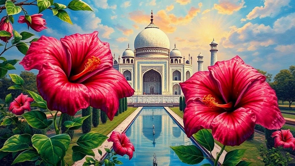 Taj Mahal Mosaic Oil Painting with Hibiscus Flowers