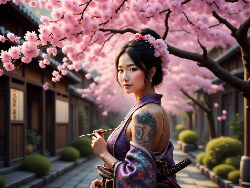 Japanese Onna-musha Warrior in Traditional Samurai Armor