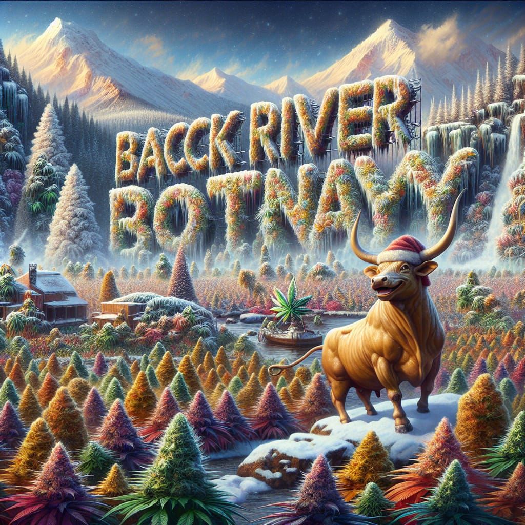 Maximalist Holiday Bull in Snowy Cannabis Field with Back Ri...